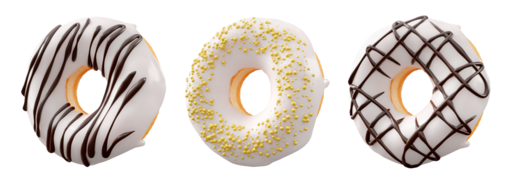 Donuts with white chocolate glaze, sprinkles, white drizzle, and dots isolated on white transparent background. 3d rendering and illustration of dessert variety