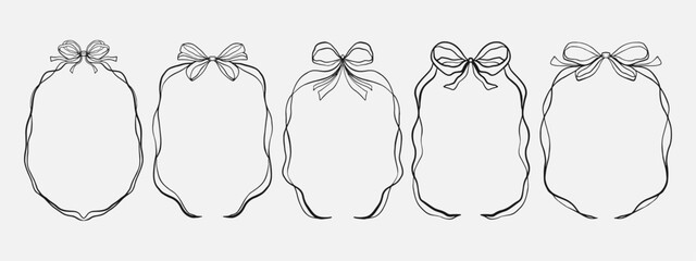 Set of hand drawn bow ribbon border frame. whimsical wavy line art border for wedding invitation, birthday card, holiday frame
