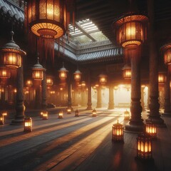 Obraz premium Flickering Lanterns in a Deserted Cultural Pavilion