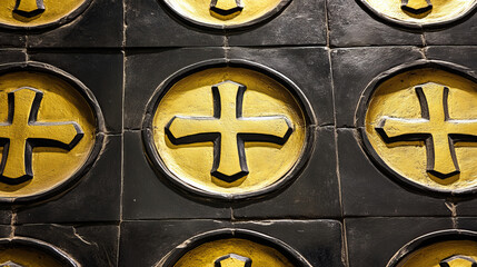 pattern of yellow crosses on black tiled wall creates striking geometric design. repeated circular motifs add depth and texture to surface