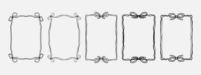 Set of hand drawn bow ribbon border frame. whimsical wavy line art border for wedding invitation, birthday card, holiday frame