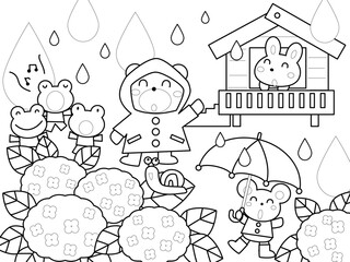 梅雨を楽しむ動物たちの塗り絵