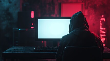 Hooded Figure Working at Computer in Dark Room with Neon Lights