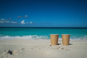 Two brown paper cups mockup on sandy beach near ocean. Captures serene seascape with clear blue sky in background, symbolizing relaxation and leisure