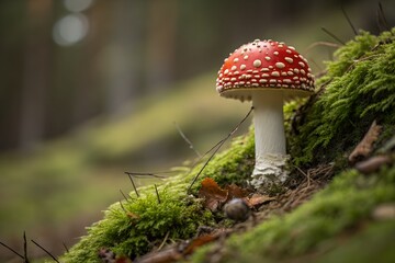Close-up of a single red fly agaric mushroom with white spots, standing proudly on a soft mossy forest floor. The blurred background and earthy tones create a minimalist, stock-photo aesthetic.