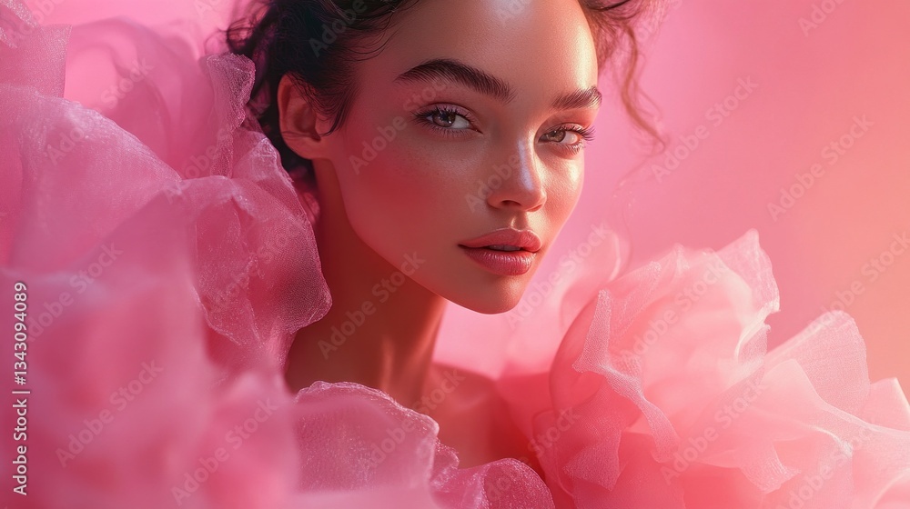 Poster a striking model poses gracefully, enveloped in layers of soft pink tulle that create a beautiful co