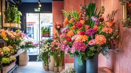 Fototapeta premium A vibrant flower shop with fresh blooms arranged in beautiful displays, perfect for gifting