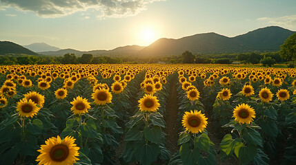 Sunflower Field at Sunset in a Rural Landscape