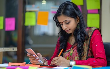 Modern Indian business woman manager making a phone call, writing notes on colorful sticky note paper, and working at an office desk using a smartphone.