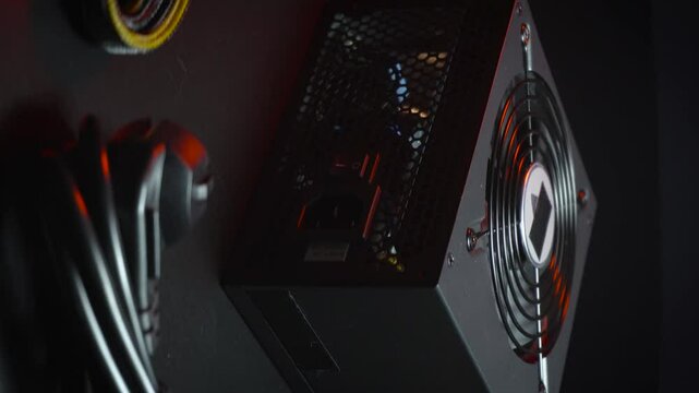 vertical video a new powerful computer power supply and a set of reinforced wires with connectors	