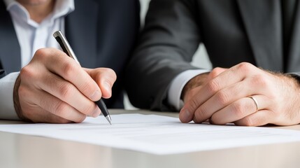 Fototapeta premium A couple happily signing mortgage documents at a real estate office, soft lighting and professional setting, copy space for financing details,