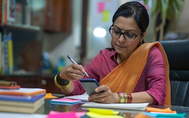 Modern Indian business woman manager making a phone call, writing notes on colorful sticky note paper, and working at an office desk using a smartphone.