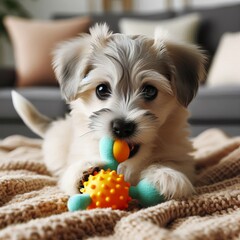Adorable Chewer A small puppy with a light gray coat is sitting