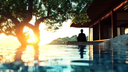 Serene silhouette of a person meditating by the water at sunset, finding peace and tranquility in nature's embrace.