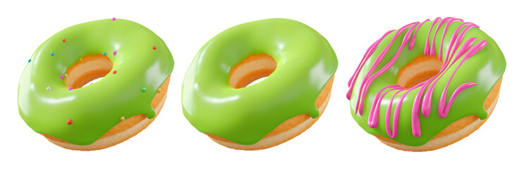 Fototapeta premium Donuts with green kiwi glaze, sprinkles, white drizzle, and dots isolated on white transparent background. 3d rendering and illustration of dessert variety