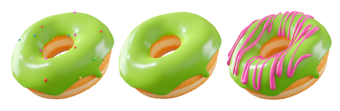Donuts with green kiwi glaze, sprinkles, white drizzle, and dots isolated on white transparent background. 3d rendering and illustration of dessert variety