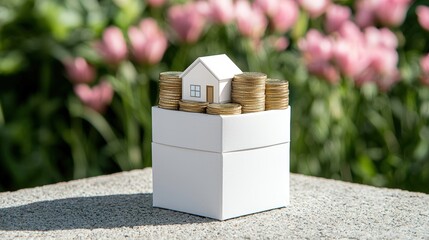 A stack of coins forming a small house shape, symbolizing savings for real estate investments, copy space for marketing text,