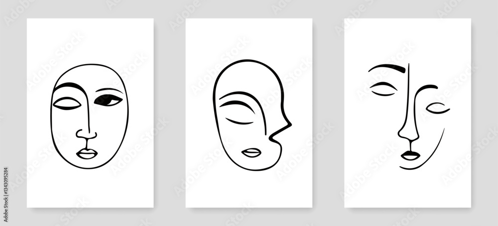 Poster abstract face line art drawing set. minimalistic sketch linear design of simple abstract portrait fo