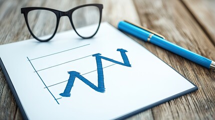Business graph on notepad, glasses and pen, wooden desk