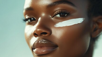 A woman with glowing skin applies sun protection on her cheek, surrounded by a warm, sunlit atmosphere that enhances her natural radiance. The moment captures beauty and self-care