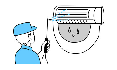 エアコンを洗浄クリーニングする作業着の男性のイラスト