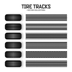 Tire tracks, rubber wheels, and braking marks. Truck, car, or motorcycle tread pattern silhouettes. Perfect for auto racing, motorsport, and speed-related designs. Vector illustration © 32 pixels