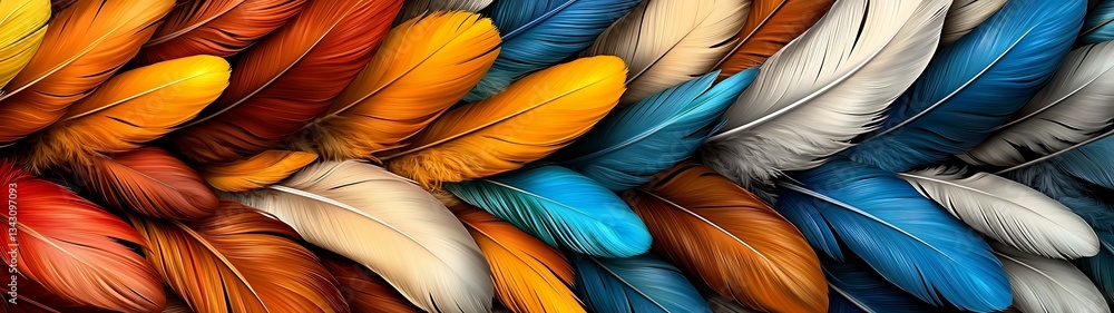 Poster vibrant array of colorful feathers stacked together, showcasing a variety of hues and textures. inca