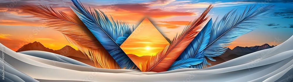 Poster vibrant sunset with contrasting colors, featuring stylized elements that create a dynamic and artist