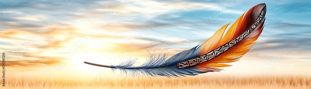 Poster a colorful feather appears to soar through a serene sky, blending nature and imagination with a back