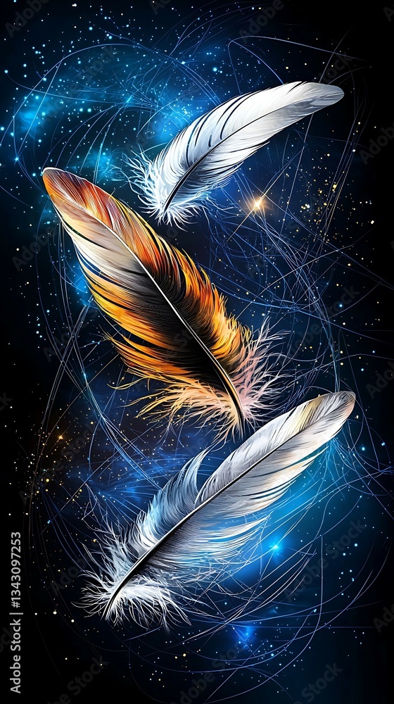 Poster three colorful feathers float against a cosmic background, blending elements of nature and space in 