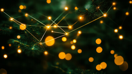 Obraz premium vibrant digital network of glowing lines and dots overlays blurred green background, creating festive and dynamic atmosphere