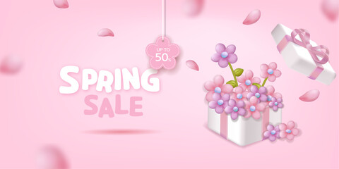 Spring Sale Banner with pretty flowers in a giftbox