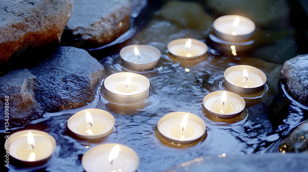 Aufkleber serene pond with floating candles glowing in the dusk light creating a tranquil and dreamy atmospher