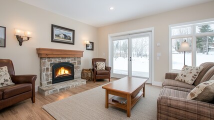 A glowing fireplace in a cozy living room, evoking warmth and comfort of owning a home, copy space available,