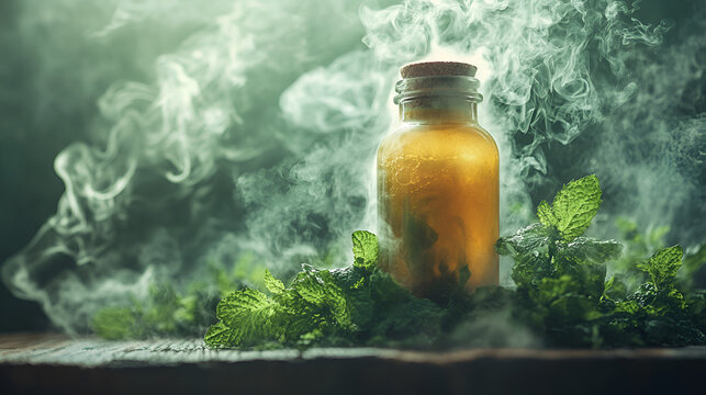 Ethereal smoke around amber potion, vibrant mint leaves mystique, enchanting herbal scene, magical elixir still life