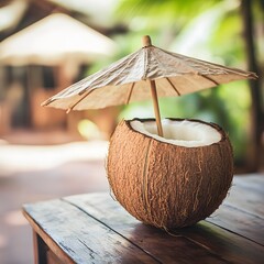 Coconut with umbrella on wooden table. In the background of palm