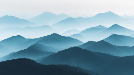 Naklejka premium serene watercolor landscape of misty blue mountains layered against soft sky, evoking tranquility and depth