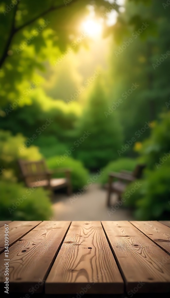 Poster generative ai serene garden view with wooden table and blurred background