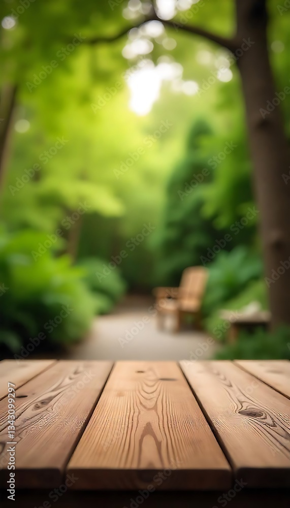 Poster generative ai image of a wooden table with a blurry green background