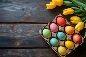 Colorful Easter eggs in a paper box and yellow tulips on a wooden table.