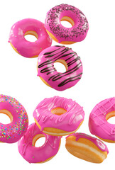 Donuts with pink fruit glaze, sprinkles, white drizzle, and dots isolated on white transparent background. 3d rendering and illustration of dessert variety