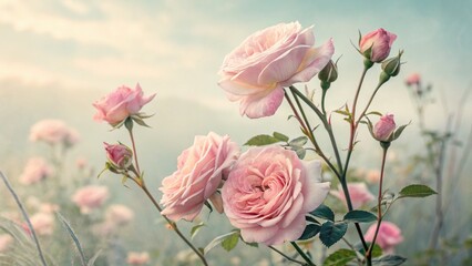 Fototapeta premium Delicate pink roses blooming in a serene nature landscape at sunrise capturing the essence of tranquility and beauty
