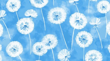 Seamless white dandelion pattern on blue watercolor background