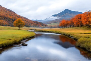 Fototapeta premium Serene river flowing through autumn landscape in Oze National Park