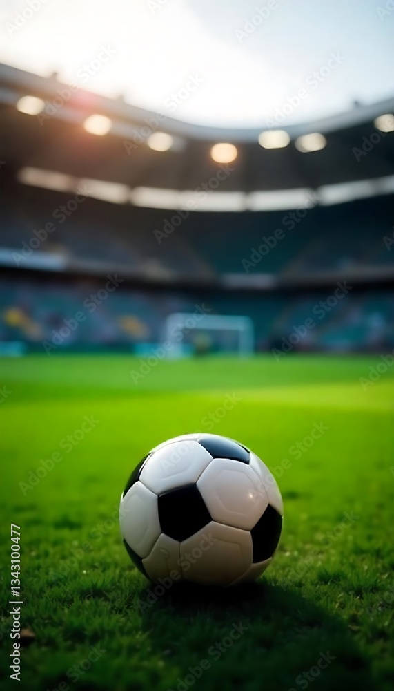 Poster generative ai image displaying a football lying on the field of a stadium