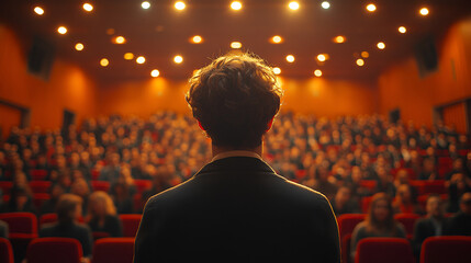 Speaker's silhouette before expectant faces, warm glow theater lights, sharing message captivated audience, inspiration connection experience