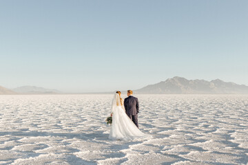 Landscape scene of loving bride and groom on a salt flat holding hands