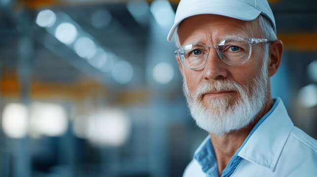 Elderly engineer examining solar panel in factory 
