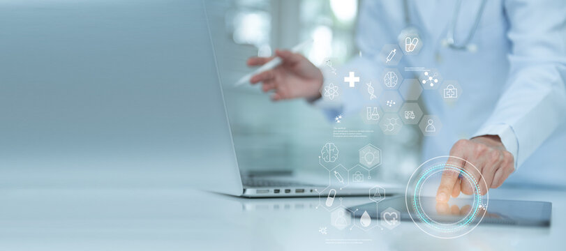 Medical technology or telehealth or telemedicine concept. Medicine Doctor or Physician are Health Check with digital system support for patient with medical icon.