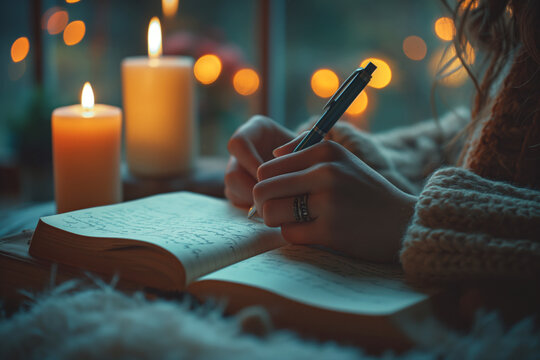 A cozy scene of a woman writing in a journal by candlelight, creating a warm and intimate atmosphere.